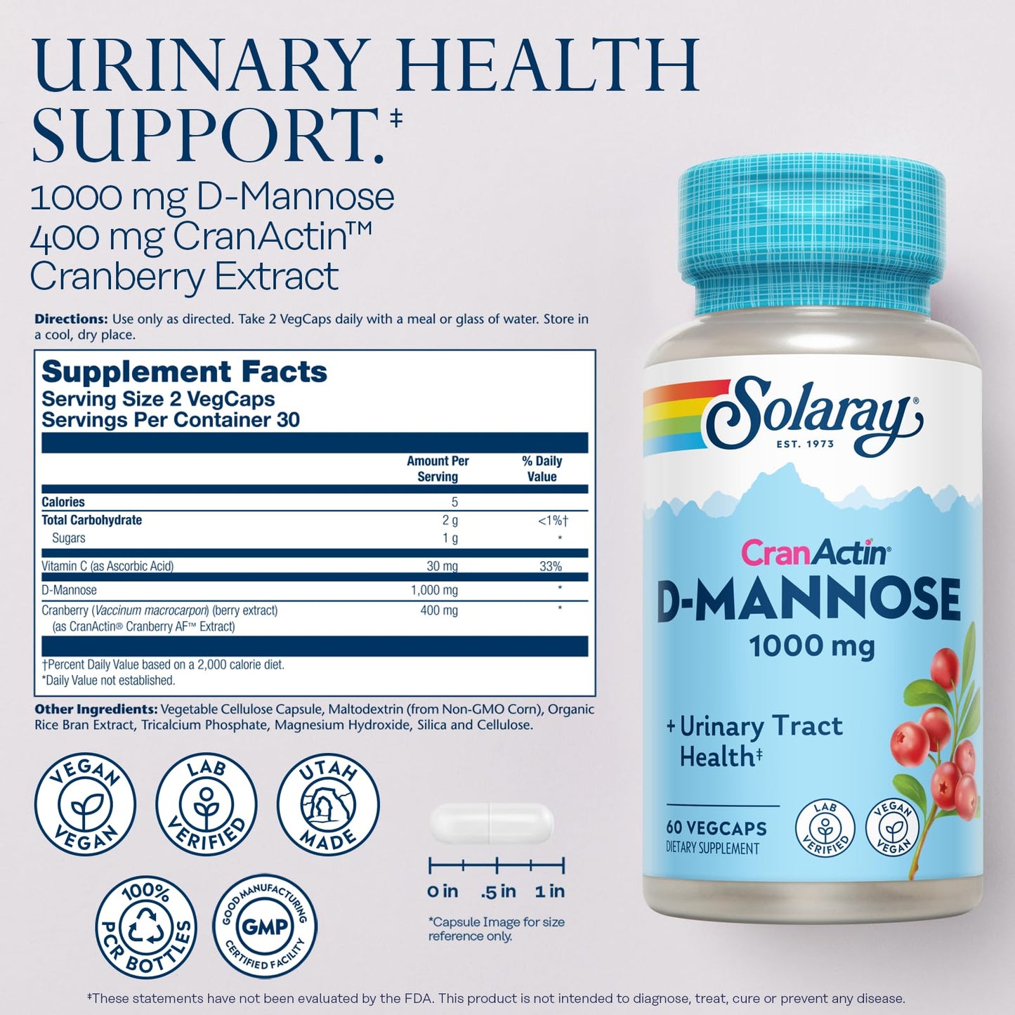 Solaray D-Mannose 1000mg with CranActin Cranberry Supplement 400mg, Urinary Tract Health & Bladder Support Capsules with Vitamin C, Vegan, 60 Day Guarantee, 75 Servings, 150 VegCaps - PrimeBioHealth - canada supplements