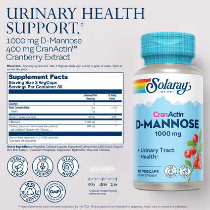 Solaray D-Mannose 1000mg with CranActin Cranberry Supplement 400mg, Urinary Tract Health & Bladder Support Capsules with Vitamin C, Vegan, 60 Day Guarantee, 75 Servings, 150 VegCaps - PrimeBioHealth - canada supplements