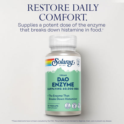 SOLARAY DAO Enzyme - Digestive Enzyme that Breaks Down Histamine - 60,000 HDU - Digestive Enzymes - Vegan, Gluten Free, Lab Verified - 30 Servings, 30 VegCaps - PrimeBioHealth - canada supplements