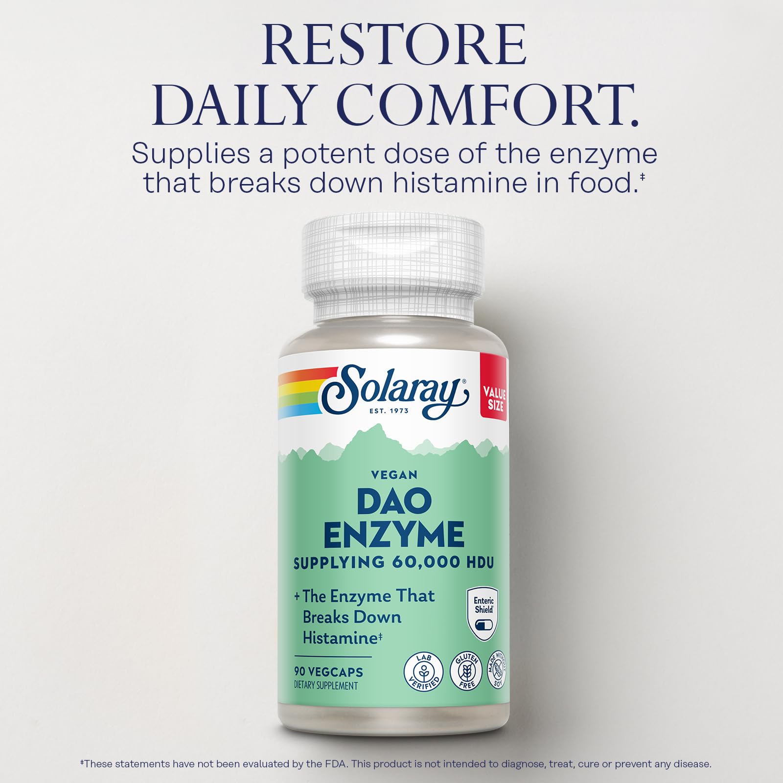 SOLARAY DAO Enzyme - Digestive Enzyme that Breaks Down Histamine - 60,000 HDU - Digestive Enzymes - Vegan, Gluten Free, Lab Verified - 30 Servings, 30 VegCaps - PrimeBioHealth - canada supplements