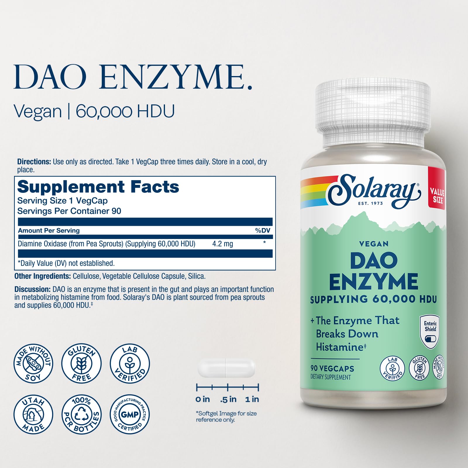 SOLARAY DAO Enzyme - Digestive Enzyme that Breaks Down Histamine - 60,000 HDU - Digestive Enzymes - Vegan, Gluten Free, Lab Verified - 30 Servings, 30 VegCaps - PrimeBioHealth - canada supplements