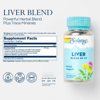 SOLARAY Liver Blend SP-13 - Traditional Herbal Support with Milk Thistle Extract, Dandelion Root, Burdock, Kelp, Peppermint and Trace Minerals - 60-Day Guarantee, 100 Servings, 100 VegCaps - PrimeBioHealth - canada supplements