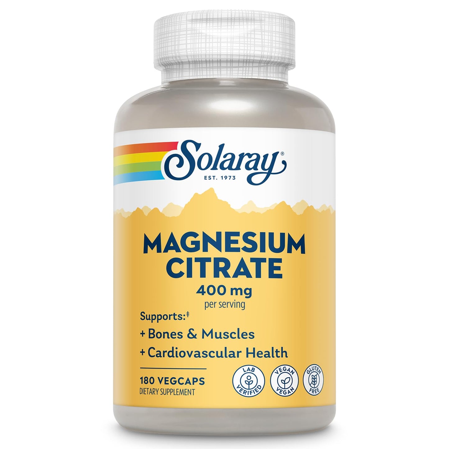 SOLARAY Magnesium Citrate 400mg - Magnesium Supplement - Bone Health, Muscle, Relaxation and Heart Health Support - Vegan, Gluten Free - 60 Servings, 180 VegCaps - PrimeBioHealth - canada supplements