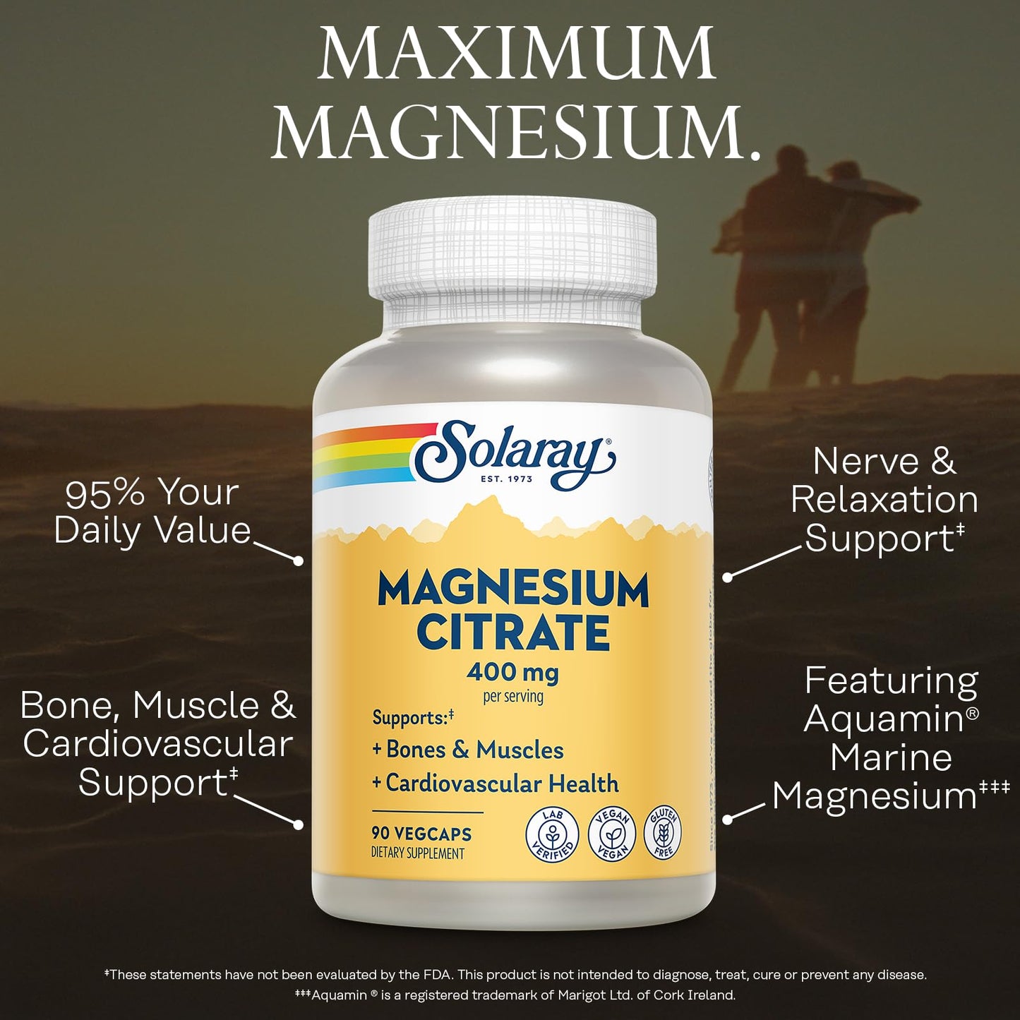 SOLARAY Magnesium Citrate 400mg - Magnesium Supplement - Bone Health, Muscle, Relaxation and Heart Health Support - Vegan, Gluten Free - 60 Servings, 180 VegCaps - PrimeBioHealth - canada supplements