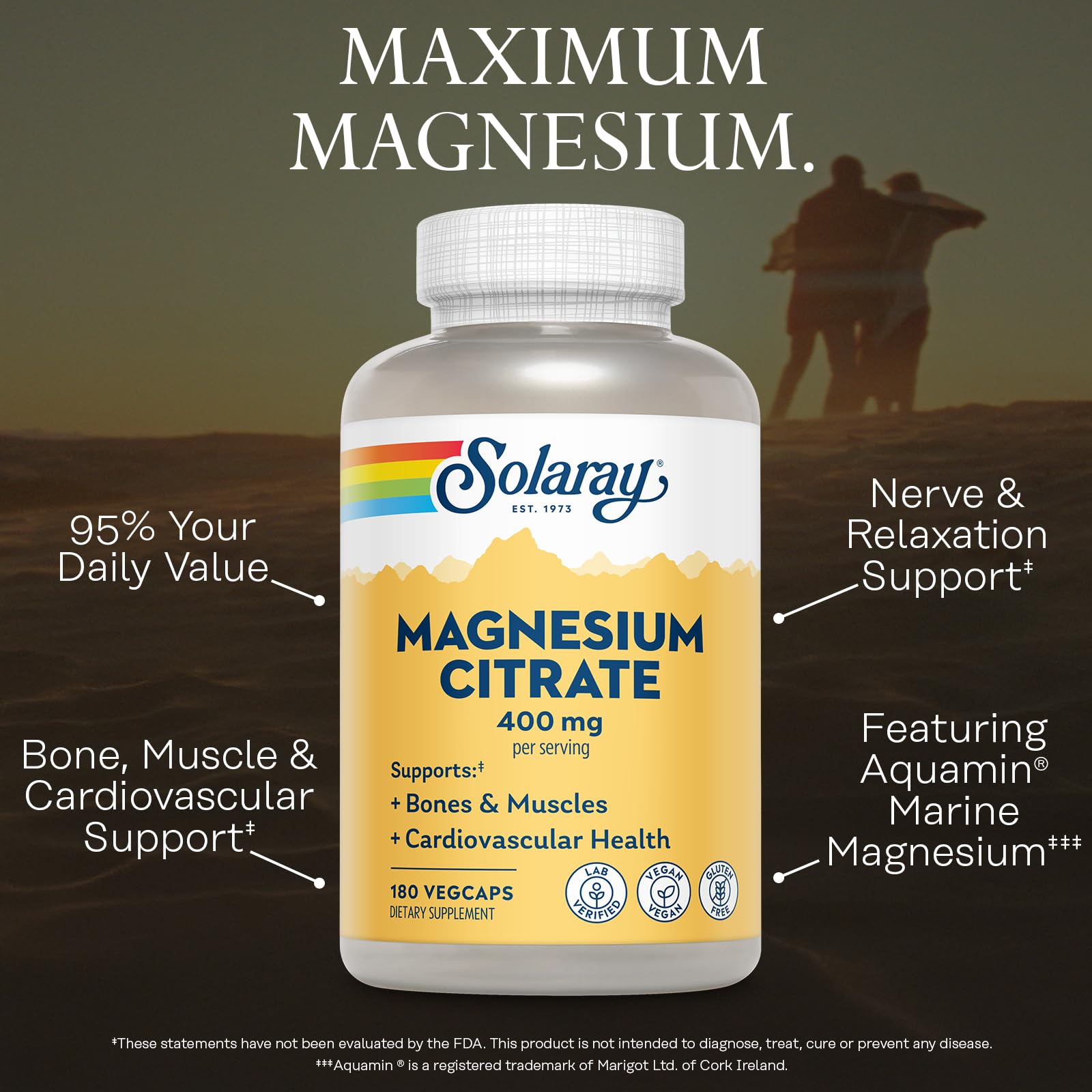 SOLARAY Magnesium Citrate 400mg - Magnesium Supplement - Bone Health, Muscle, Relaxation and Heart Health Support - Vegan, Gluten Free - 60 Servings, 180 VegCaps - PrimeBioHealth - canada supplements