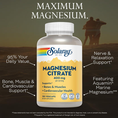 SOLARAY Magnesium Citrate 400mg - Magnesium Supplement - Bone Health, Muscle, Relaxation and Heart Health Support - Vegan, Gluten Free - 60 Servings, 180 VegCaps - PrimeBioHealth - canada supplements