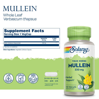 SOLARAY Mullein Leaf 330 mg - Soothing Herbal Support - Mullein Capsules Traditionally Used to Support Health and Wellness - Vegan, Non-GMO, Lab Verified, 60-Day Guarantee, 100 Servings, 100 VegCaps - PrimeBioHealth - canada supplements