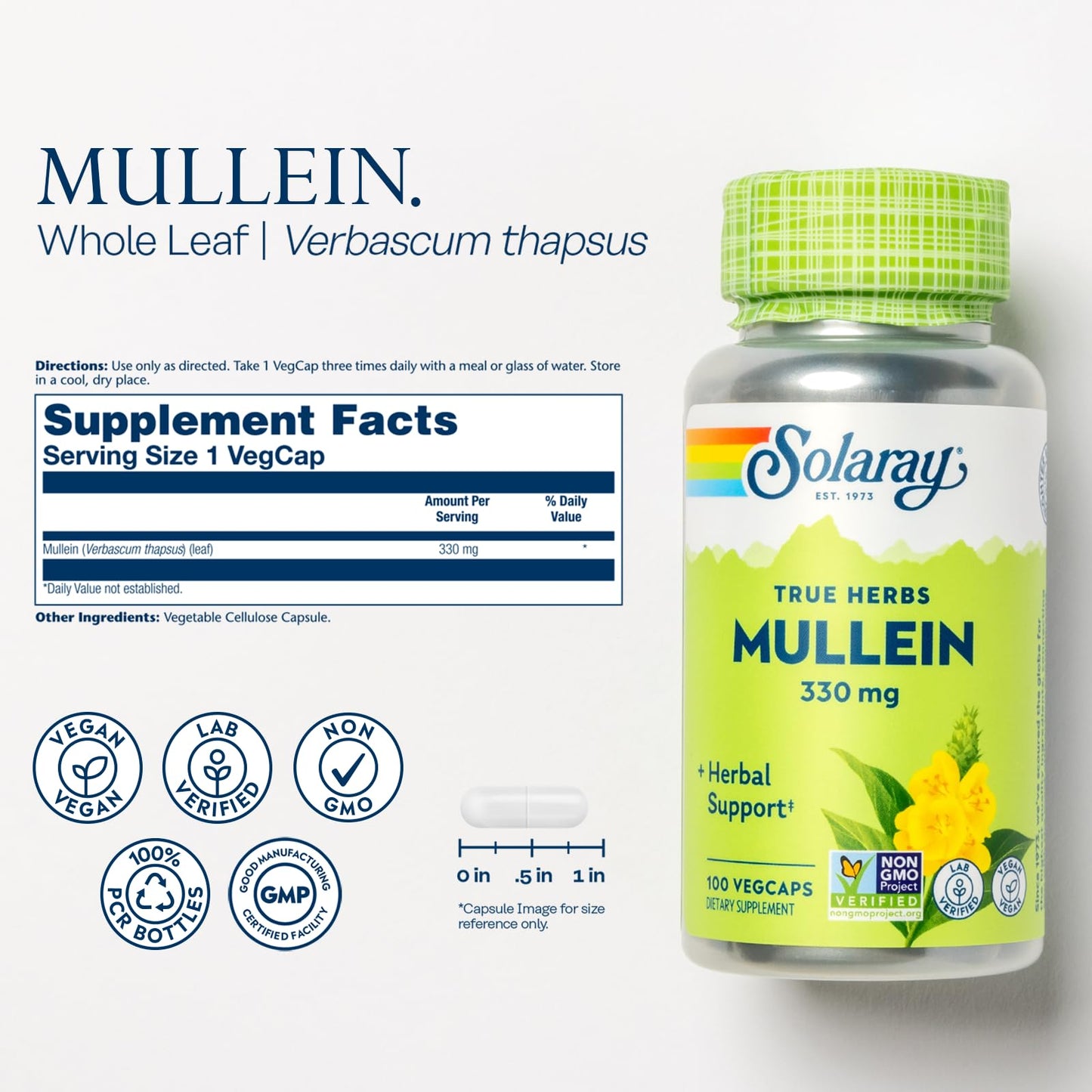 SOLARAY Mullein Leaf 330 mg - Soothing Herbal Support - Mullein Capsules Traditionally Used to Support Health and Wellness - Vegan, Non-GMO, Lab Verified, 60-Day Guarantee, 100 Servings, 100 VegCaps - PrimeBioHealth - canada supplements