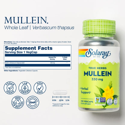 SOLARAY Mullein Leaf 330 mg - Soothing Herbal Support - Mullein Capsules Traditionally Used to Support Health and Wellness - Vegan, Non-GMO, Lab Verified, 60-Day Guarantee, 100 Servings, 100 VegCaps - PrimeBioHealth - canada supplements