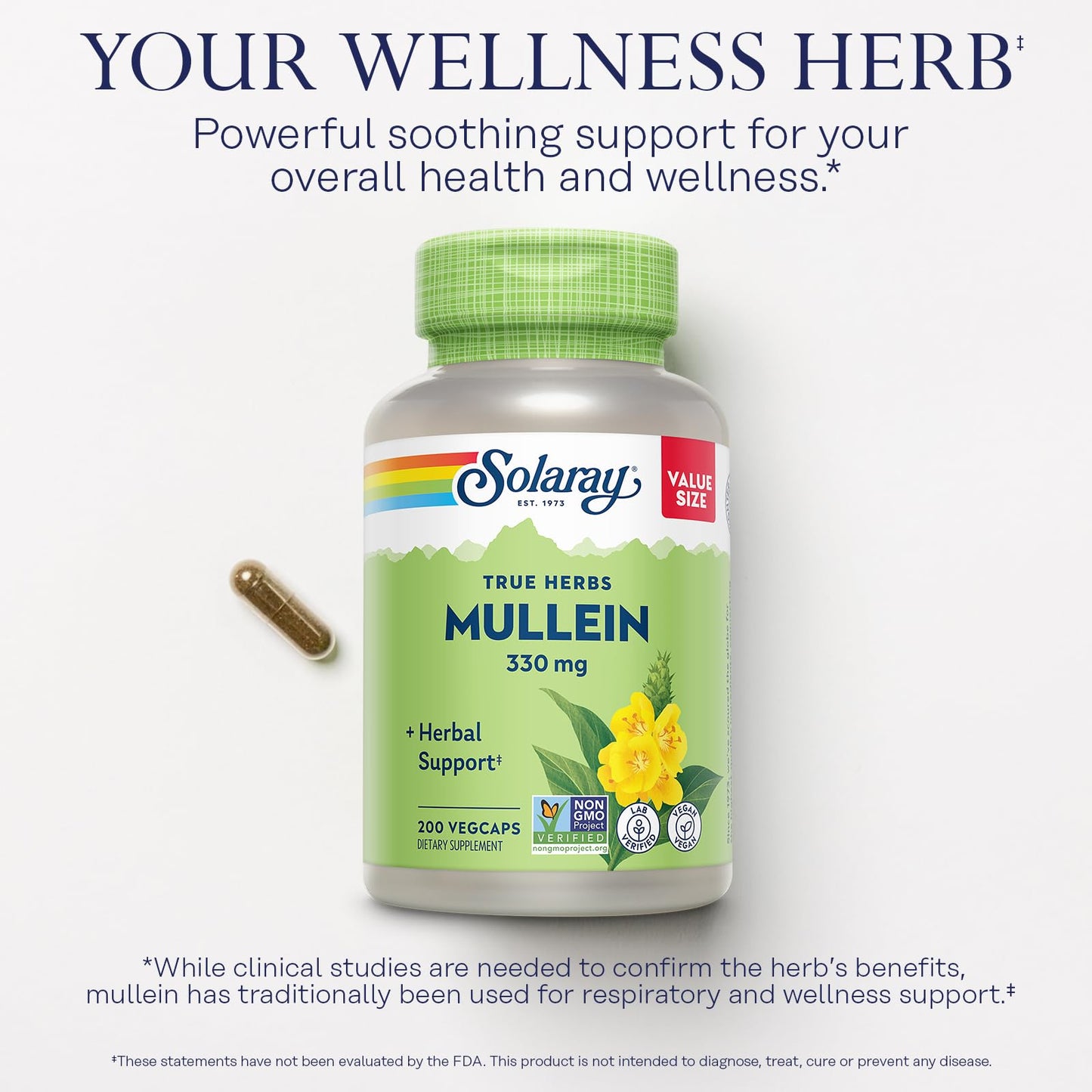 SOLARAY Mullein Leaf 330 mg - Soothing Herbal Support - Mullein Capsules Traditionally Used to Support Health and Wellness - Vegan, Non-GMO, Lab Verified, 60-Day Guarantee, 100 Servings, 100 VegCaps - PrimeBioHealth - canada supplements