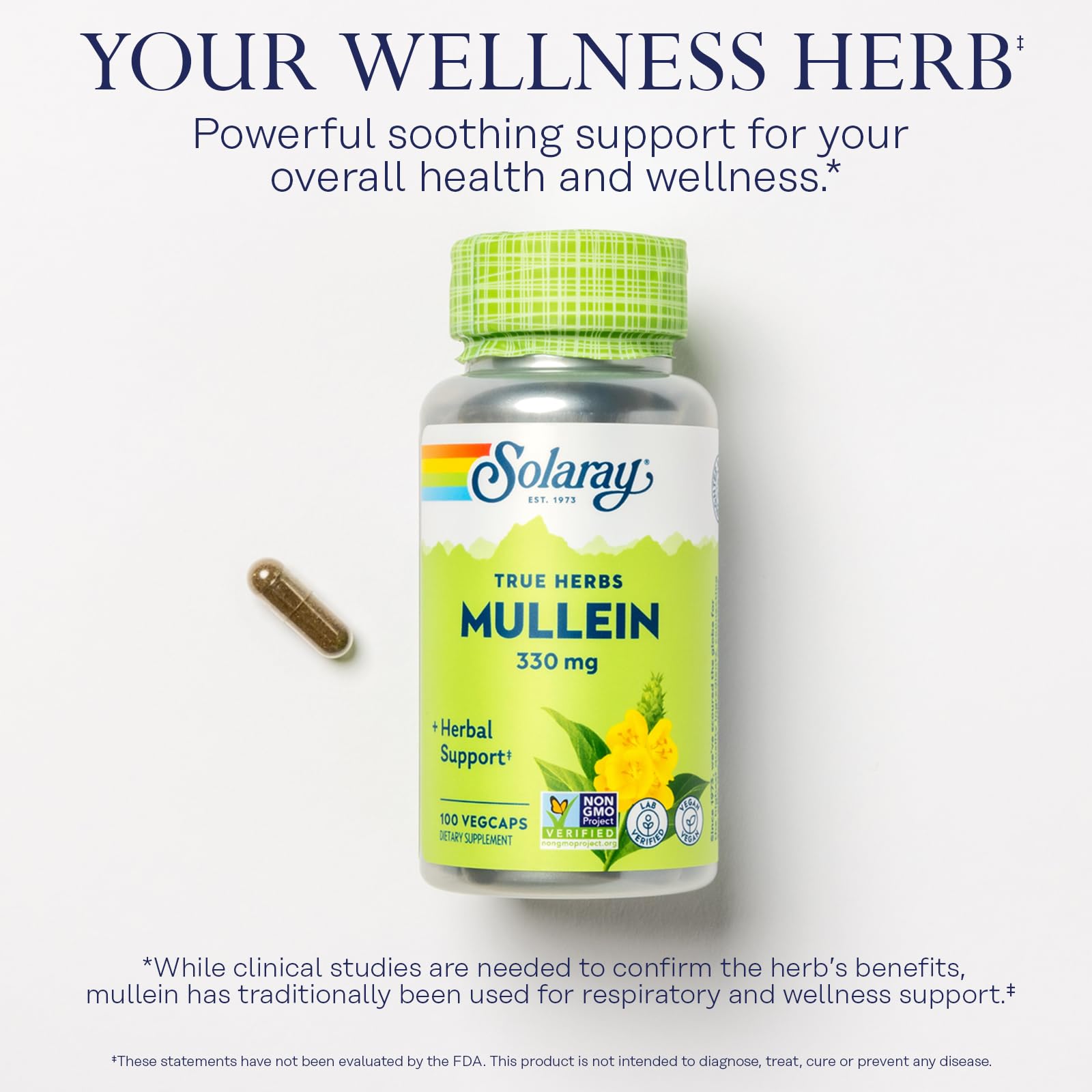 SOLARAY Mullein Leaf 330 mg - Soothing Herbal Support - Mullein Capsules Traditionally Used to Support Health and Wellness - Vegan, Non-GMO, Lab Verified, 60-Day Guarantee, 100 Servings, 100 VegCaps - PrimeBioHealth - canada supplements
