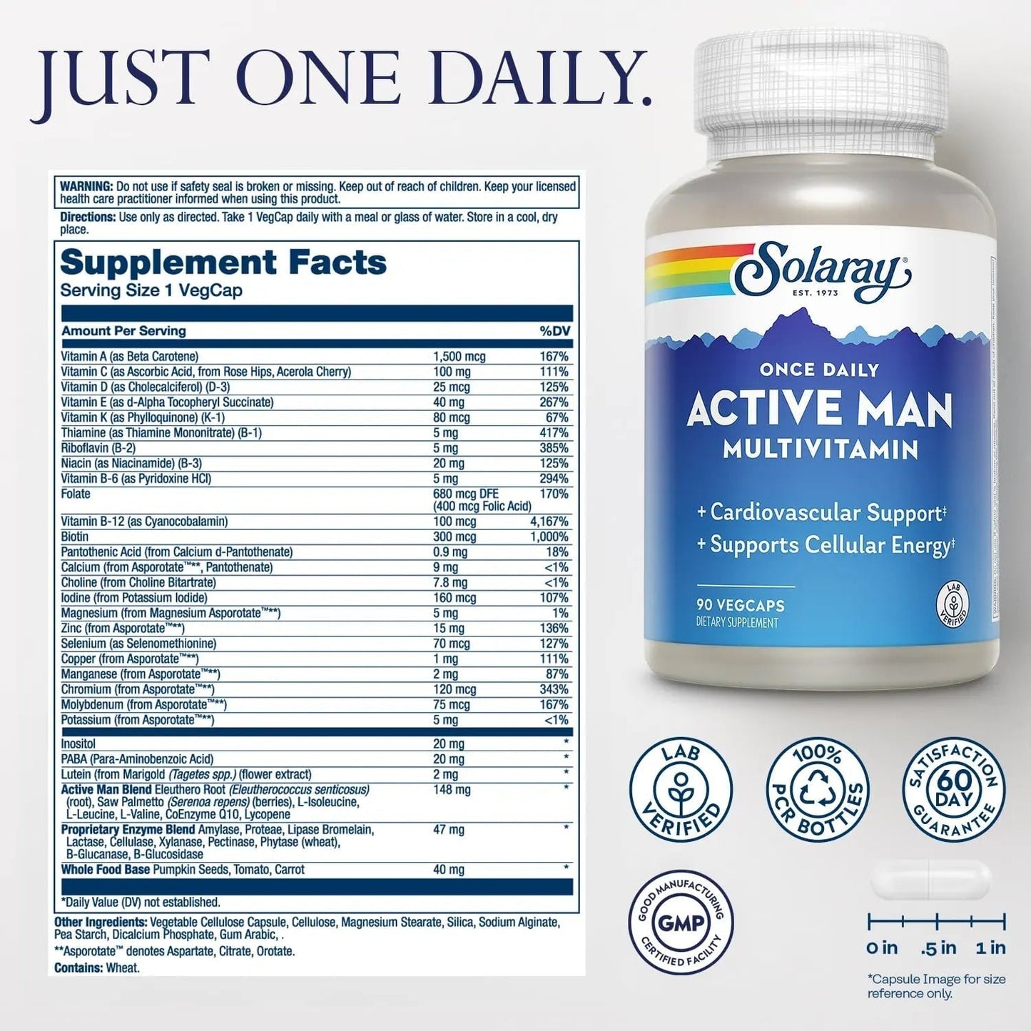 SOLARAY Once Daily Active Man Multivitamin - Cellular Energy and Immune Support Supplement w/Vitamin D, Vitamin C, B12, B6, Zinc, Lutein - PrimeBioHealth - canada supplements