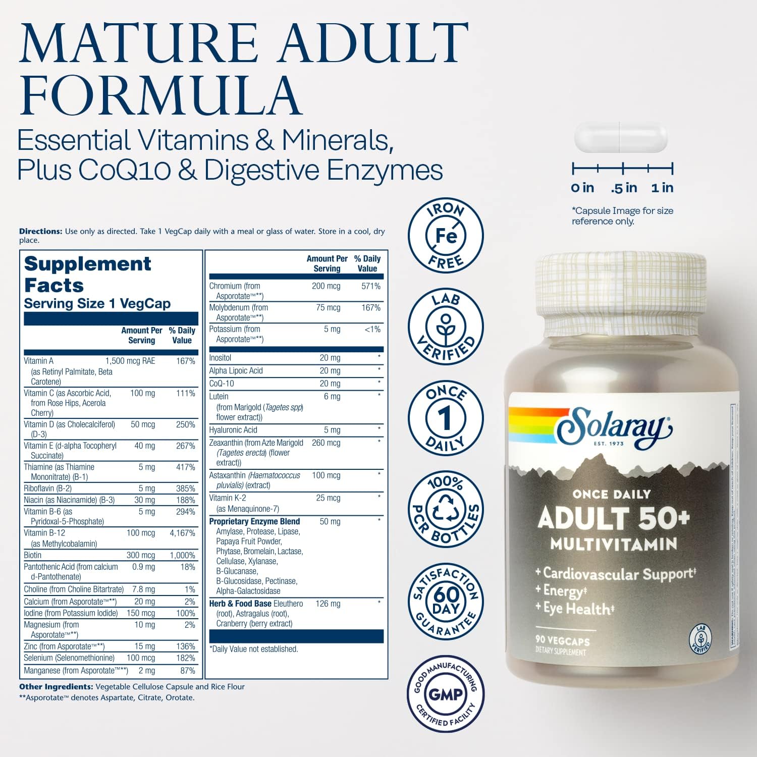 Solaray Once Daily Adult 50+ Complete Multivitamin for Women & Men, Essential Vitamins & Chelated Minerals for Healthy Energy, Heart, Brain & Immune Support, With CoQ10 & Lutein, Iron Free, 90 VegCaps - PrimeBioHealth - canada supplements
