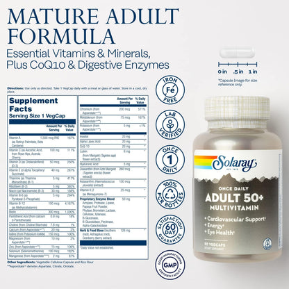 Solaray Once Daily Adult 50+ Complete Multivitamin for Women & Men, Essential Vitamins & Chelated Minerals for Healthy Energy, Heart, Brain & Immune Support, With CoQ10 & Lutein, Iron Free, 90 VegCaps - PrimeBioHealth - canada supplements