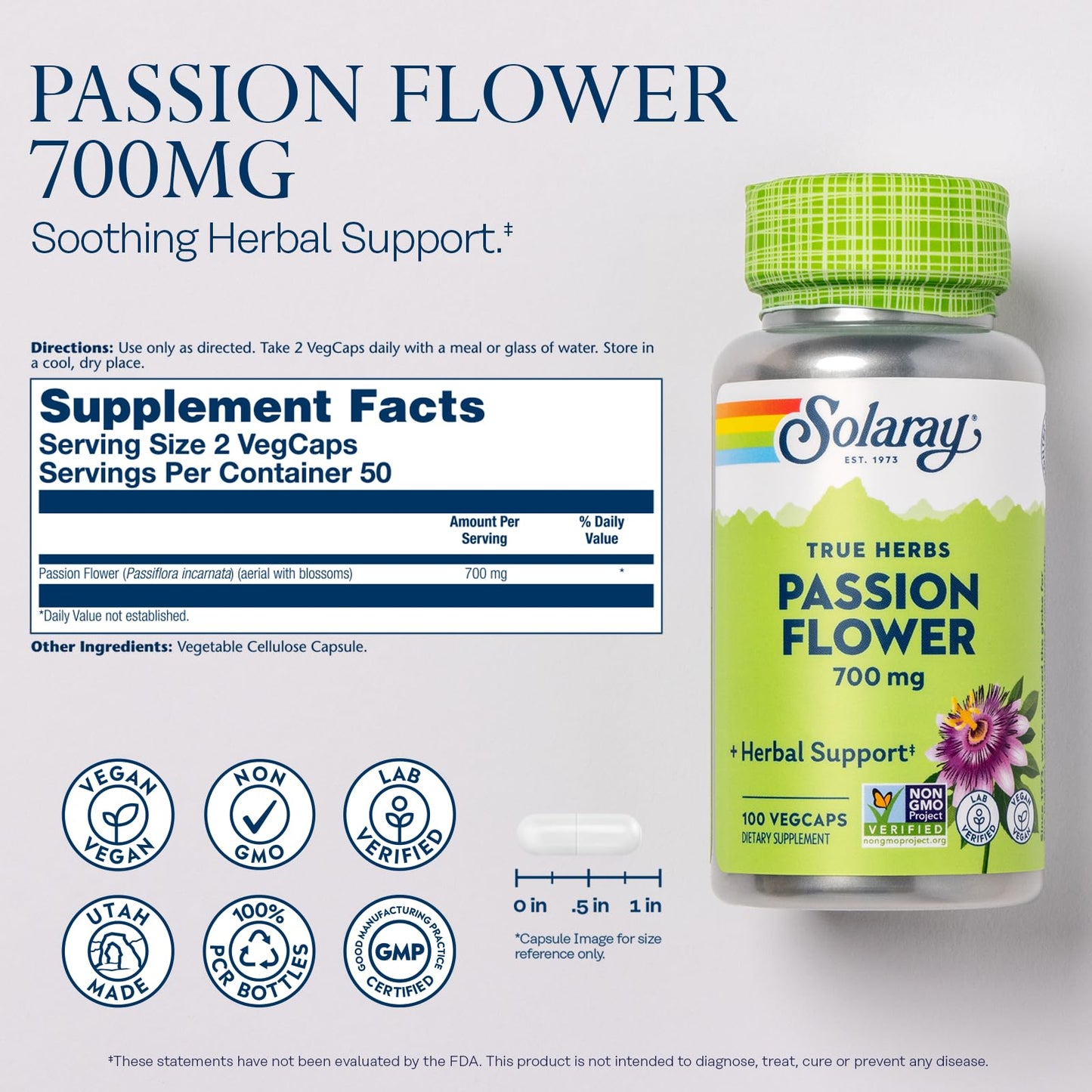 SOLARAY Passion Flower 700 mg Whole Aerial - Soothing Herbal Support - Passion Flower Capsules - Vegan, Non-GMO, 60-Day Guarantee, Lab Verified - 50 Servings, 100 VegCaps - PrimeBioHealth - canada supplements