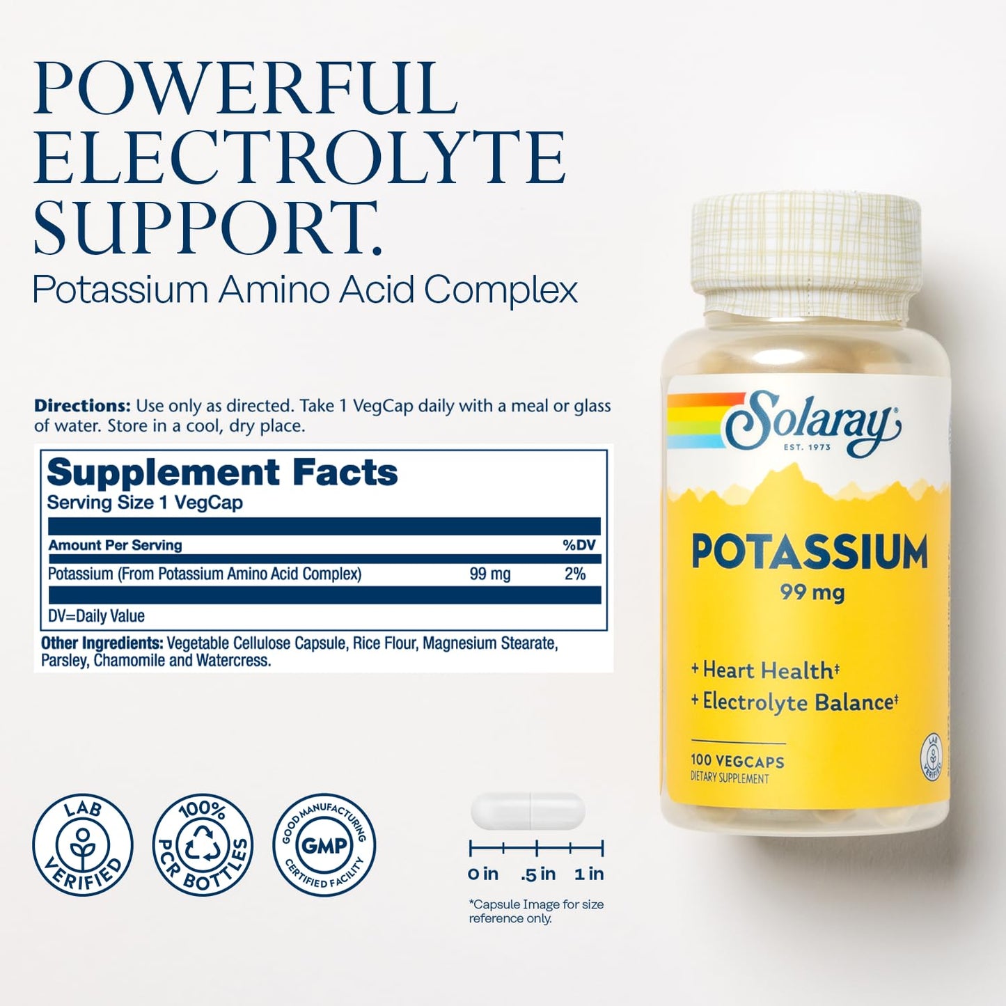SOLARAY Potassium 99 mg - Electrolyte Balance Formula - Potassium Supplement for Electrolytes, Vascular and Heart Health Support, Lab Verified, 200 Servings, 200 VegCaps - PrimeBioHealth - canada supplements