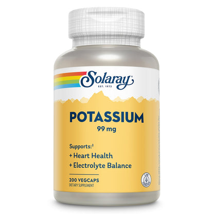 SOLARAY Potassium 99 mg - Electrolyte Balance Formula - Potassium Supplement for Electrolytes, Vascular and Heart Health Support, Lab Verified, 200 Servings, 200 VegCaps - PrimeBioHealth - canada supplements