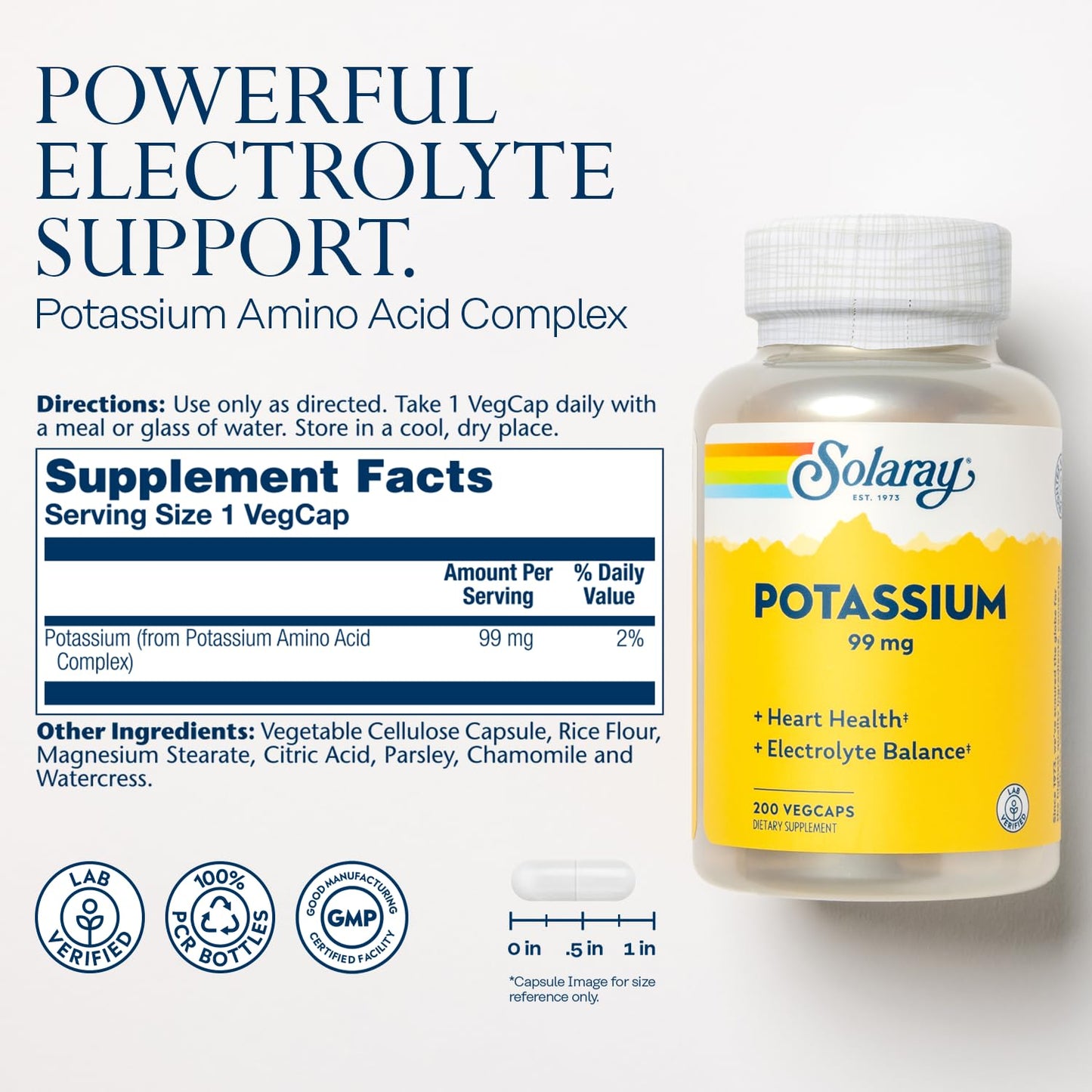 SOLARAY Potassium 99 mg - Electrolyte Balance Formula - Potassium Supplement for Electrolytes, Vascular and Heart Health Support, Lab Verified, 200 Servings, 200 VegCaps - PrimeBioHealth - canada supplements