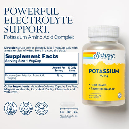 SOLARAY Potassium 99 mg - Electrolyte Balance Formula - Potassium Supplement for Electrolytes, Vascular and Heart Health Support, Lab Verified, 200 Servings, 200 VegCaps - PrimeBioHealth - canada supplements