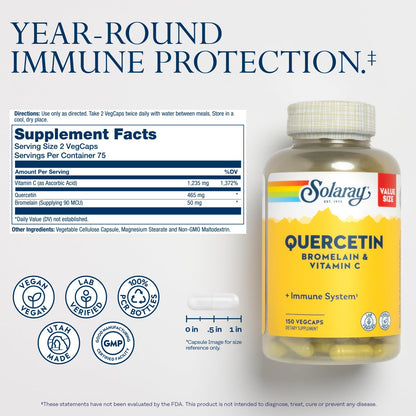 SOLARAY Quercetin Bromelain & Vitamin C, Immune System, Sinus, Respiratory & Antioxidant Activity Support, Vegan, 500mg of Quercetin & 1,235mg of VIT C, 60 Day Guarantee, 75 Servings, 150 VegCaps - PrimeBioHealth - canada supplements