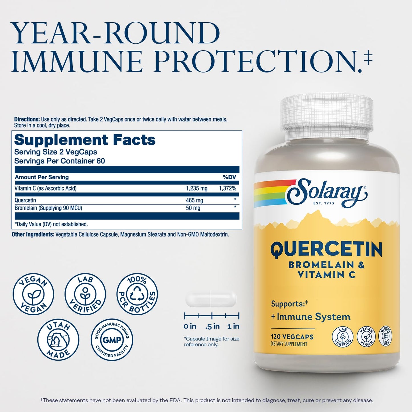 SOLARAY Quercetin Bromelain & Vitamin C, Immune System, Sinus, Respiratory & Antioxidant Activity Support, Vegan, 500mg of Quercetin & 1,235mg of VIT C, 60 Day Guarantee, 75 Servings, 150 VegCaps - PrimeBioHealth - canada supplements