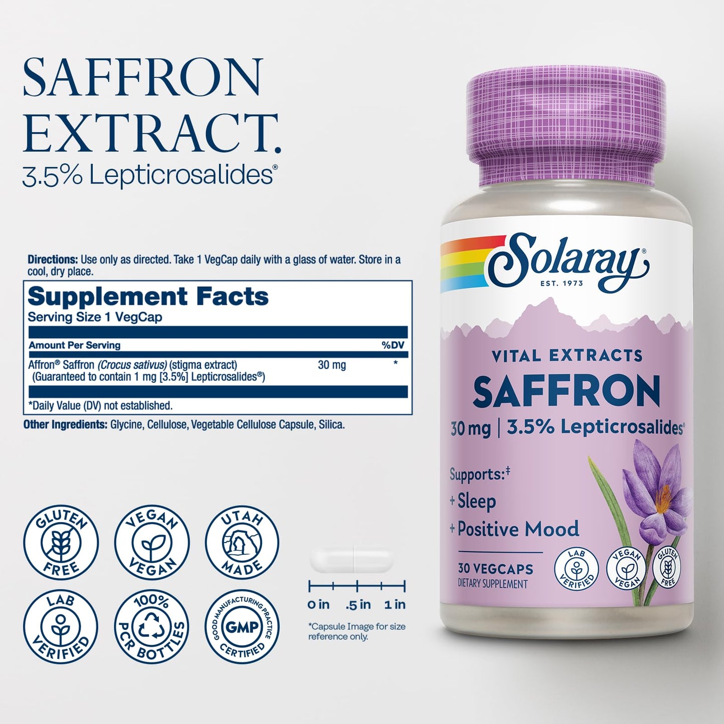 SOLARAY Saffron Extract - Sleep and Positive Mood Support - Vegan and Gluten Free Saffron Supplements - Lab Verified - 60-Day Guarantee - 30 Servings, 30 VegCaps - PrimeBioHealth - canada supplements