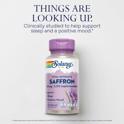SOLARAY Saffron Extract - Sleep and Positive Mood Support - Vegan and Gluten Free Saffron Supplements - Lab Verified - 60-Day Guarantee - 30 Servings, 30 VegCaps - PrimeBioHealth - canada supplements