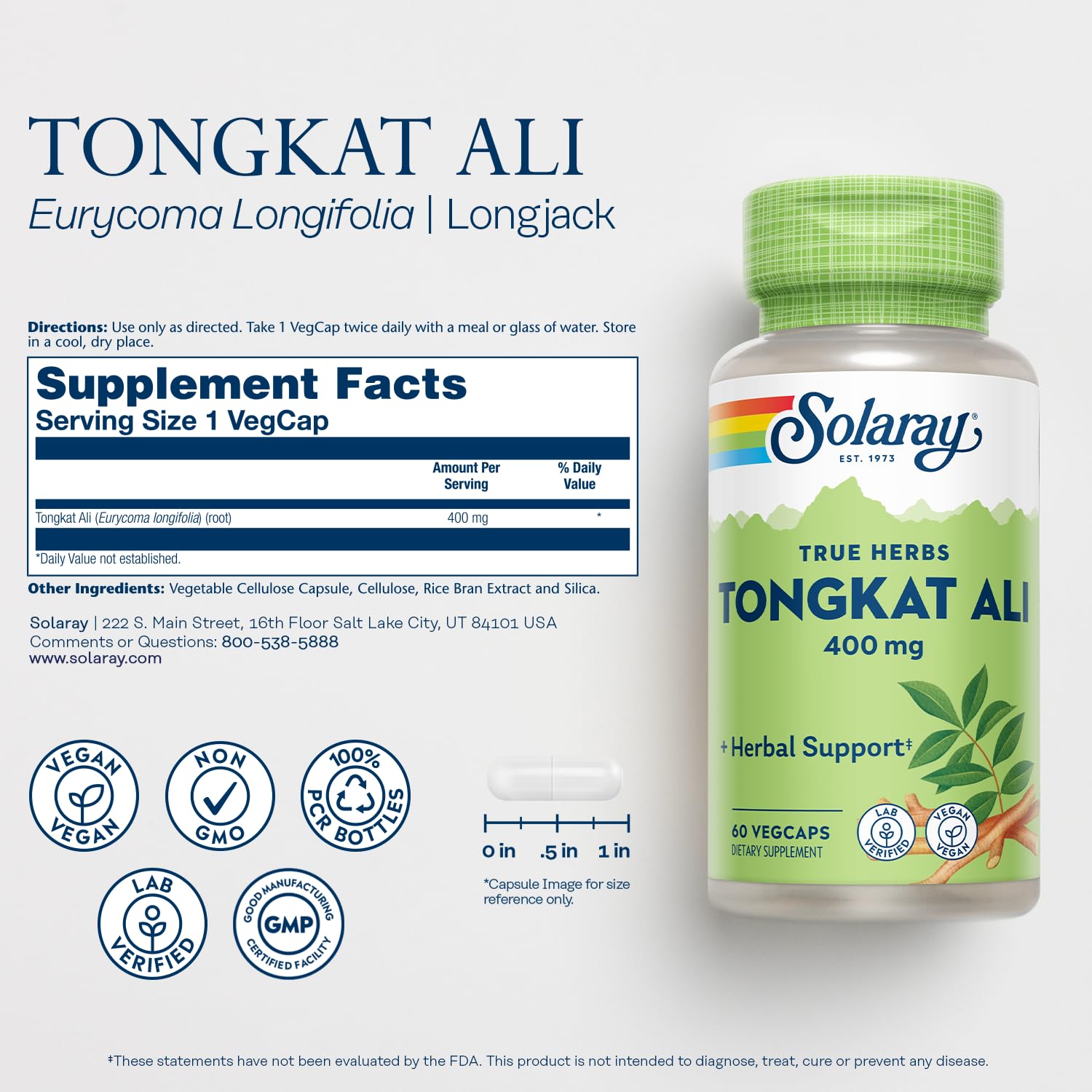 SOLARAY Tongkat Ali 400 mg - Longjack Tongkat Ali for Men - Herbal Support for Men's Health and Vitality - Vegan, Non-GMO, Lab Verified - 180 Servings, 180 VegCaps - PrimeBioHealth - canada supplements