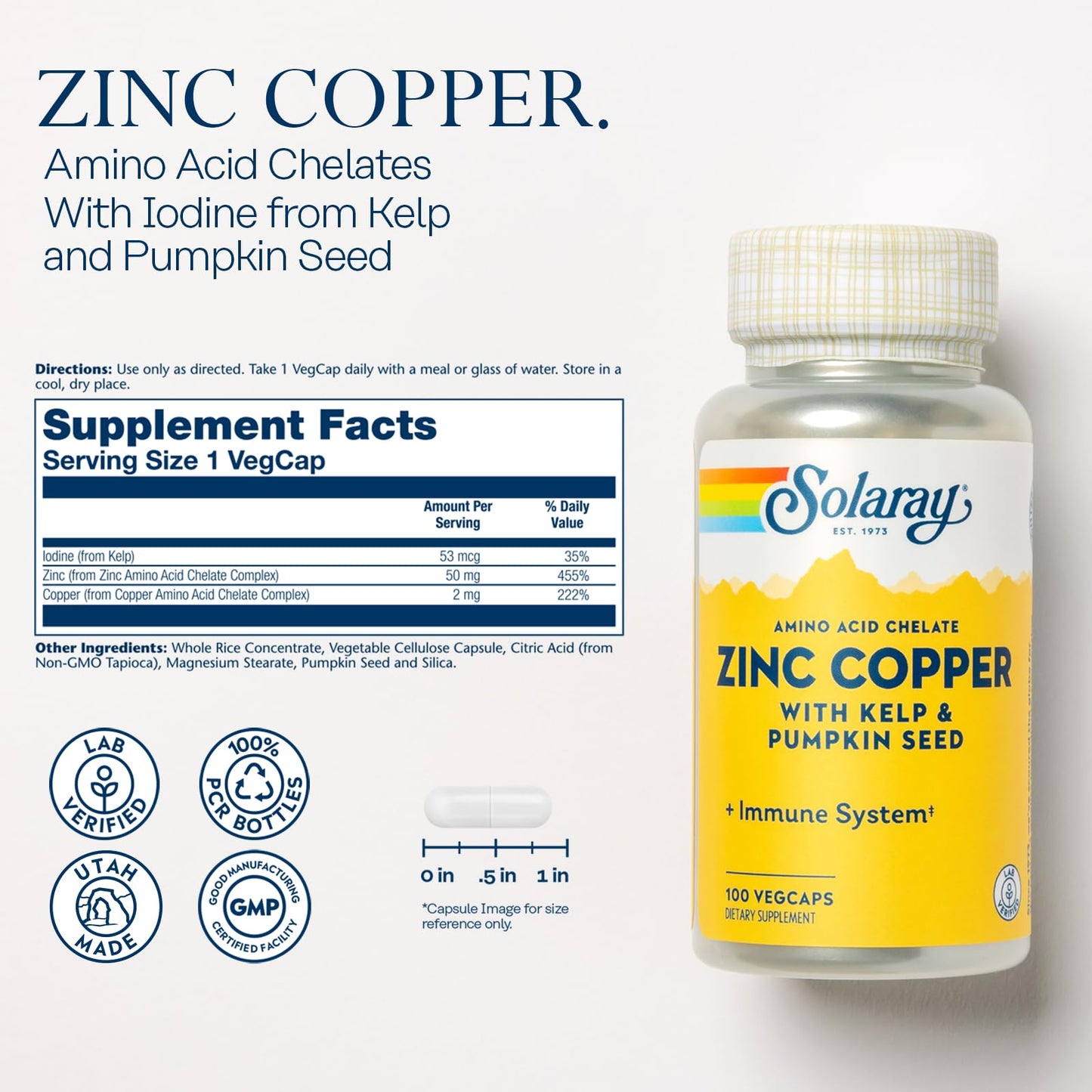 SOLARAY Zinc Copper Amino Acid Chelate - Immune Support Supplement w/Chelated Zinc 50mg - Bone, Skin, Heart Health and Thyroid Support - with Iodine from Kelp, 60-Day Guarantee, 100 Serv, 100 VegCaps - PrimeBioHealth - canada supplements