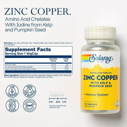 SOLARAY Zinc Copper Amino Acid Chelate - Immune Support Supplement w/Chelated Zinc 50mg - Bone, Skin, Heart Health and Thyroid Support - with Iodine from Kelp, 60-Day Guarantee, 100 Serv, 100 VegCaps - PrimeBioHealth - canada supplements