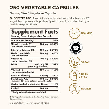 Solgar B-Complex "100", 100 Vegetable Capsules - Nervous System Support - Supports Energy Metabolism - Non-GMO, Vegan, Gluten Free, Dairy Free, Kosher - 100 Servings - PrimeBioHealth - canada supplements