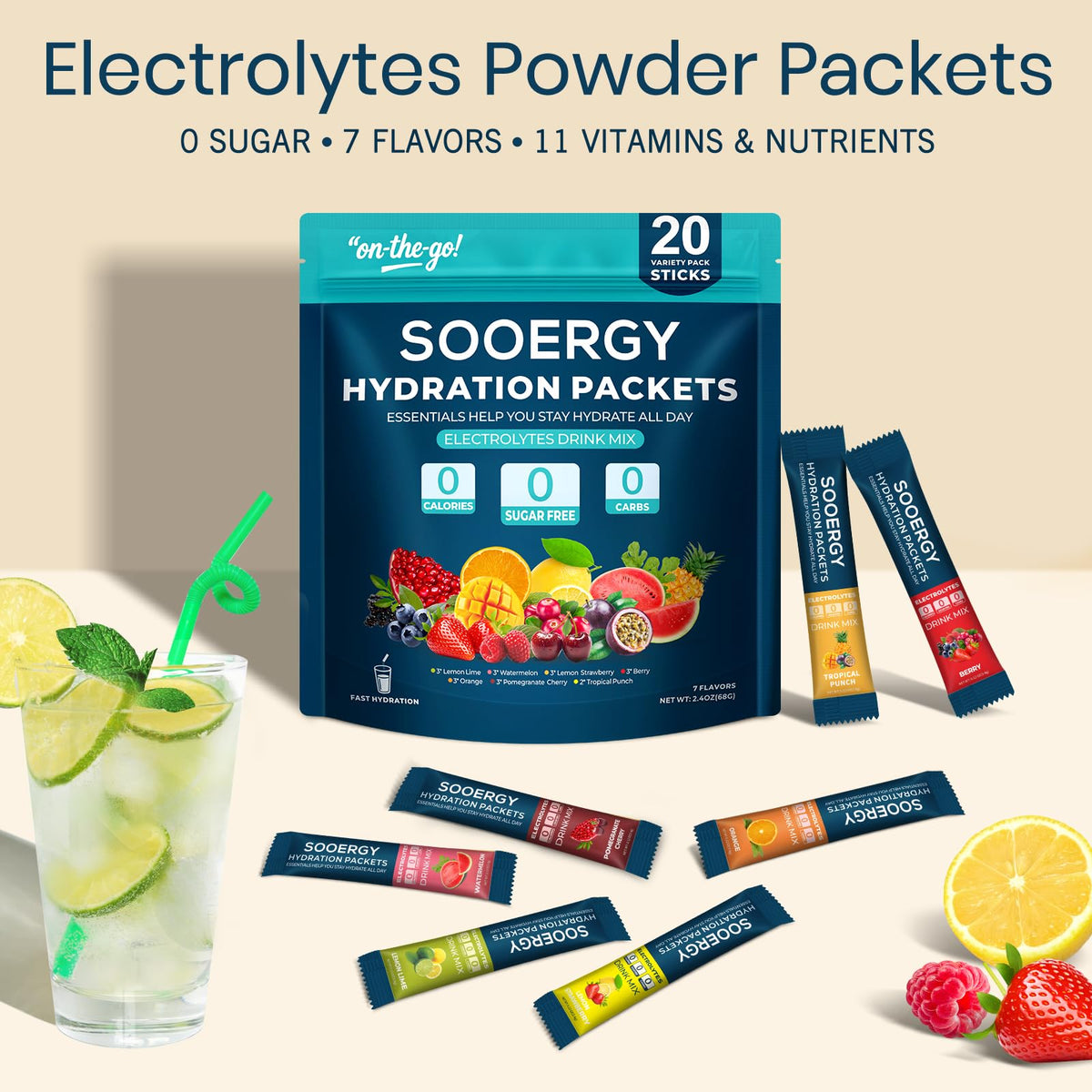 Sooergy Electrolytes Powder Packets Sugar Free Hydration Packets, 7 Flavors Liquid Daily IV Electrolyte Drink Mixes for Rehydration - PrimeBioHealth - canada supplements