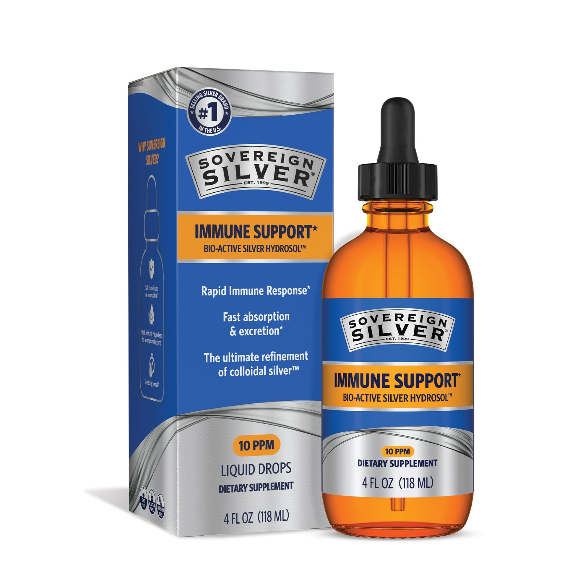 Sovereign Silver Immune Support - Colloidal Silver, Bio-Active Silver Hydrosol, 10 ppm, Liquid Dropper, 4 Fl Oz, (118 mL) - PrimeBioHealth - canada supplements