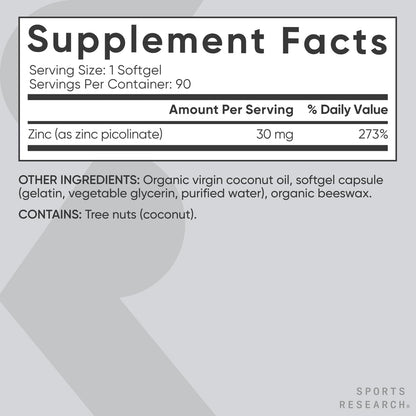 Sports Research High Potency Zinc Picolinate 30mg with Organic Coconut Oil | Highly Absorbable Zinc Supplement for Healthy Immune & Enzyme Function - PrimeBioHealth - canada supplements