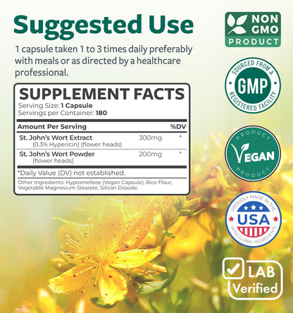 St John's Wort Capsules - Powerful & Potent Saint John's Wort Extract & Whole Herb Complex Standardized to 900mcg Hypericin for Balancing Daily Mood Support - Vegan Non-GMO & Lab Verified (120 Caps) - PrimeBioHealth - canada supplements