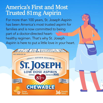 St. Joseph Aspirin Pain Reliever (NSAID) 81mg, Chewable Orange Tablets Adult Low Dose Regimen , 108 ct (3 x 36 ct Tablets per Bottle) - PrimeBioHealth - canada supplements