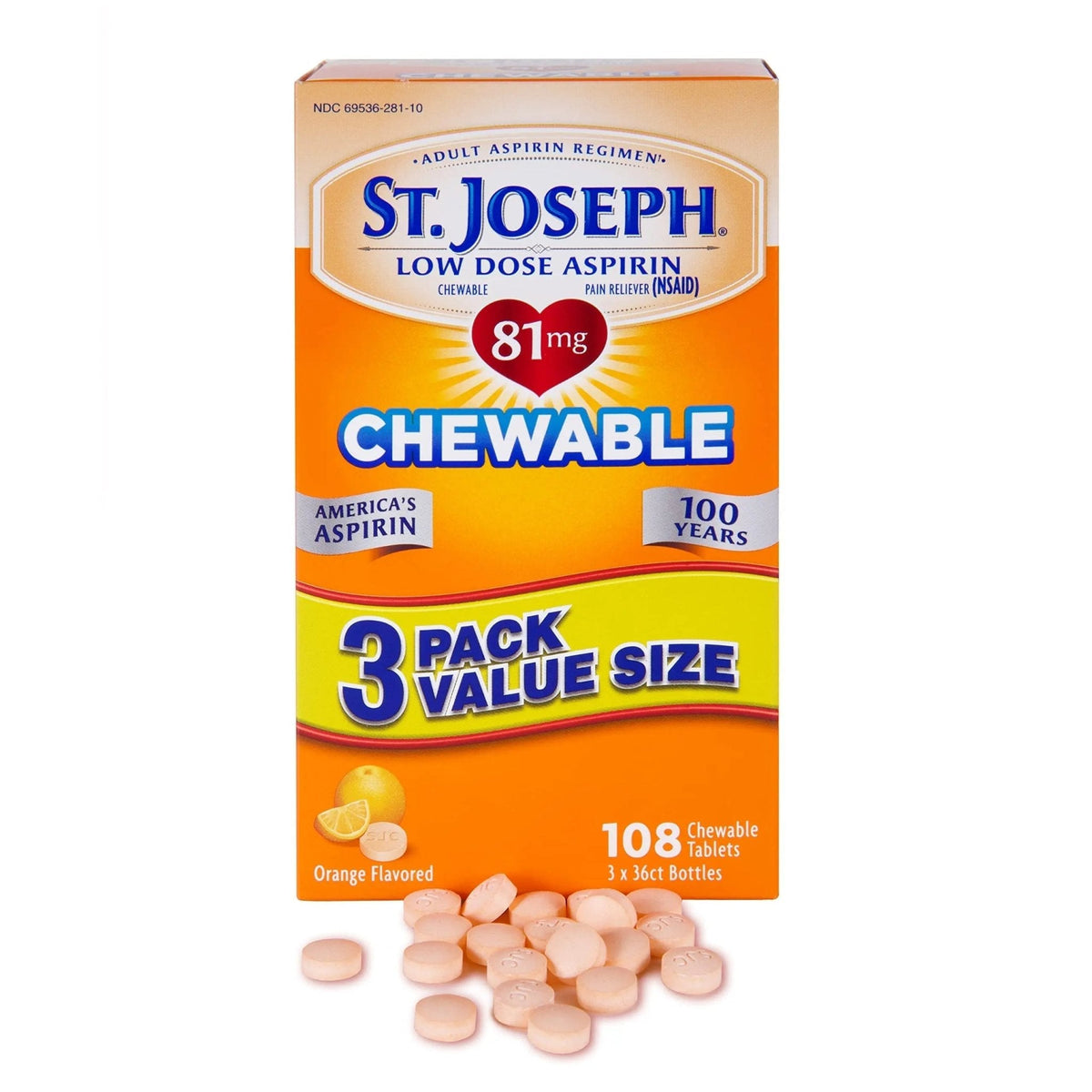 St. Joseph Aspirin Pain Reliever (NSAID) 81mg, Chewable Orange Tablets Adult Low Dose Regimen , 108 ct (3 x 36 ct Tablets per Bottle) - PrimeBioHealth - canada supplements