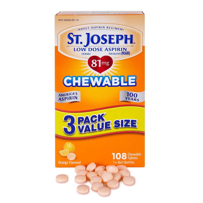 St. Joseph Aspirin Pain Reliever (NSAID) 81mg, Chewable Orange Tablets Adult Low Dose Regimen , 108 ct (3 x 36 ct Tablets per Bottle) - PrimeBioHealth - canada supplements