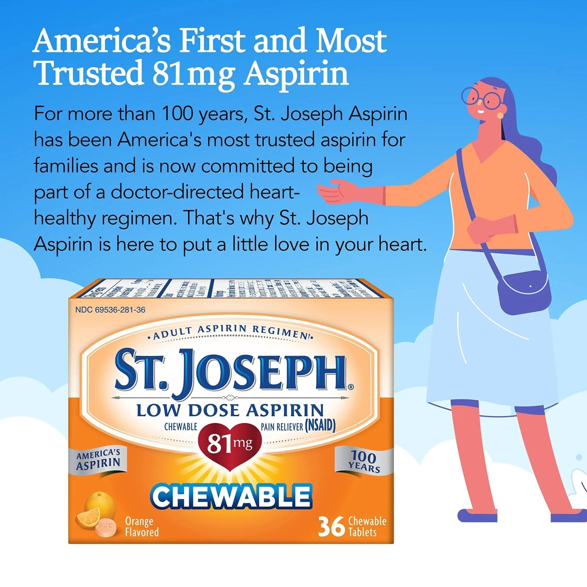 St. Joseph Aspirin Pain Reliever (NSAID) 81mg, Chewable Orange Tablets, Adult Low Dose Regimen, 36 ct - PrimeBioHealth - canada supplements