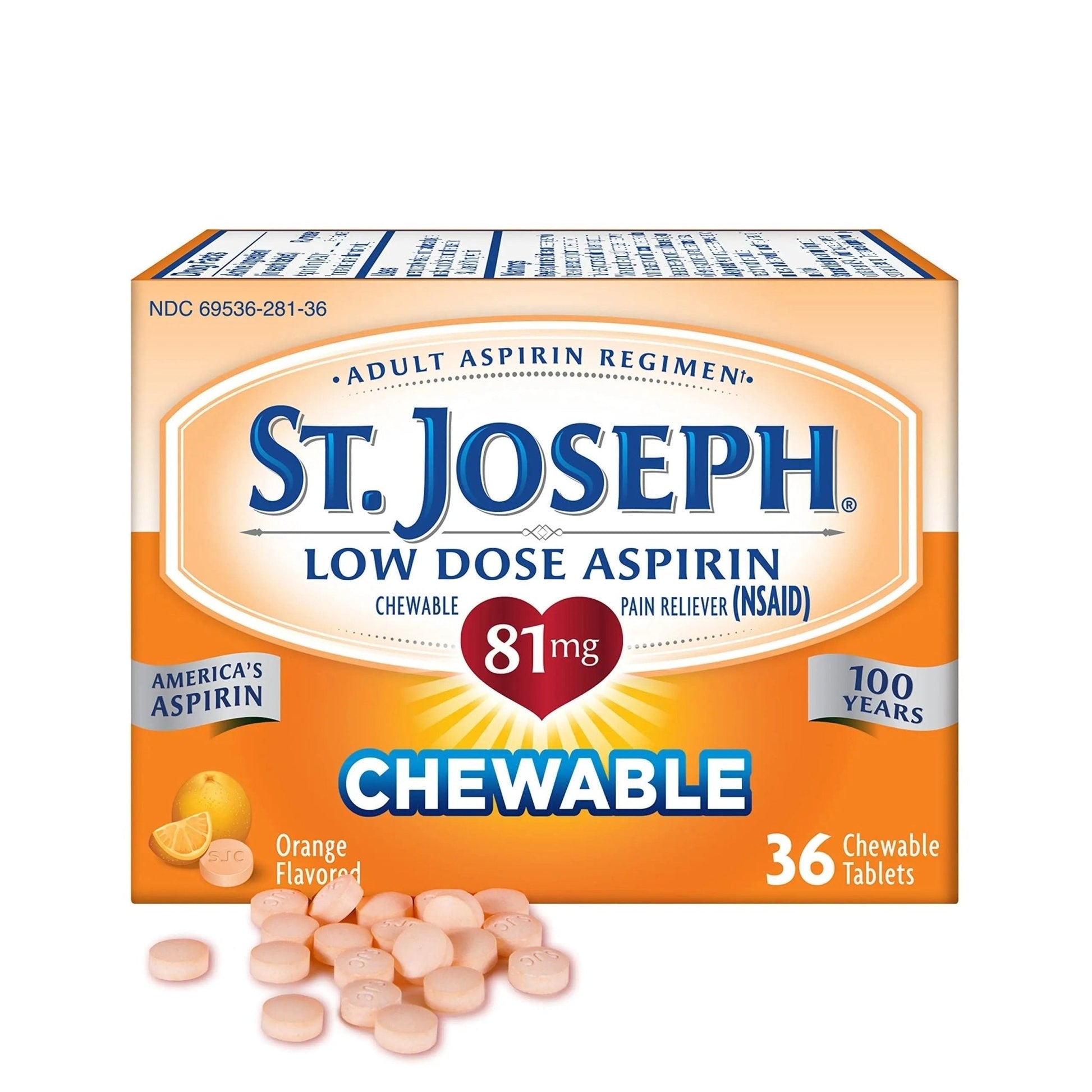 St. Joseph Aspirin Pain Reliever (NSAID) 81mg, Chewable Orange Tablets, Adult Low Dose Regimen, 36 ct - PrimeBioHealth - canada supplements