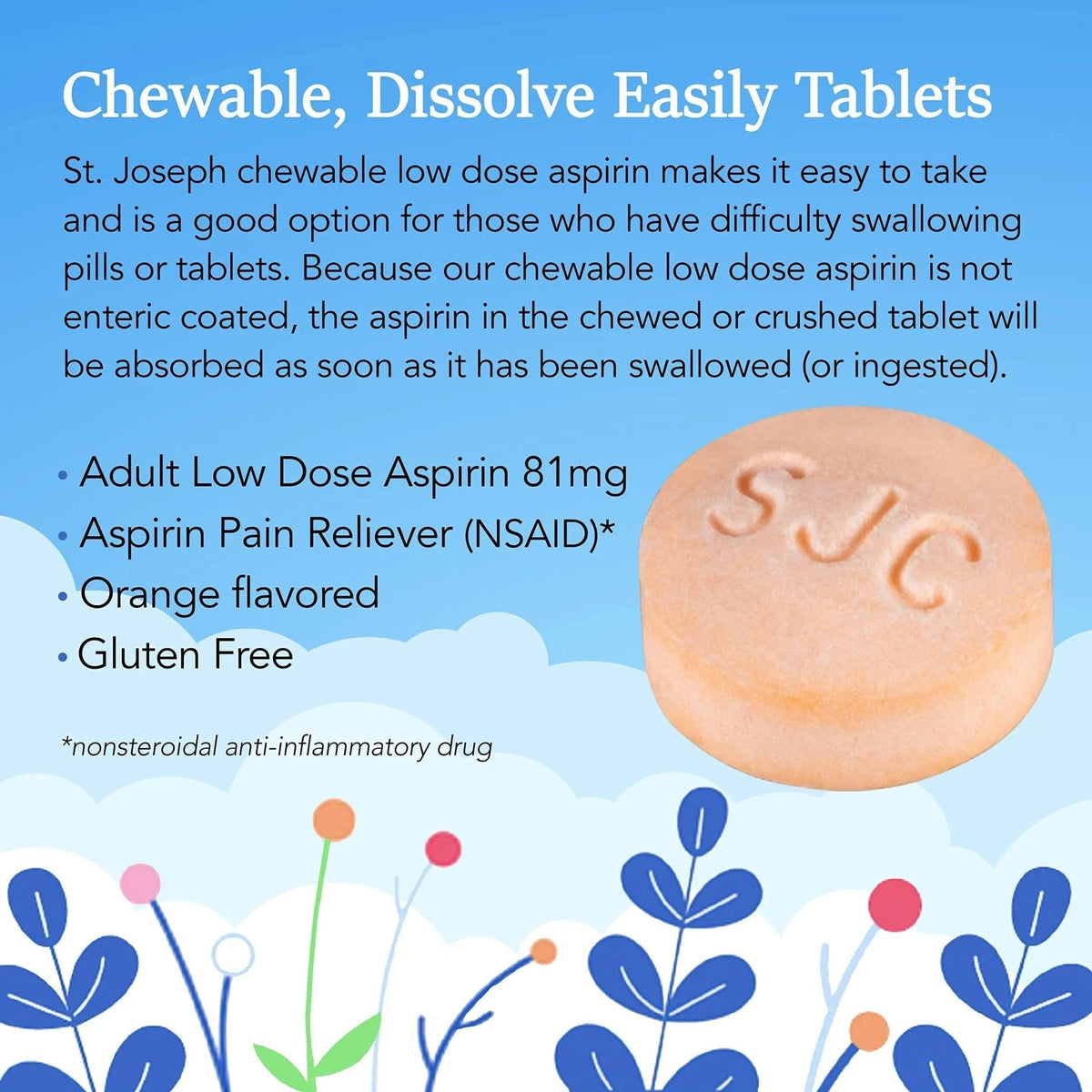St. Joseph Aspirin Pain Reliever (NSAID) 81mg, Chewable Orange Tablets, Adult Low Dose Regimen, 36 ct - PrimeBioHealth - canada supplements