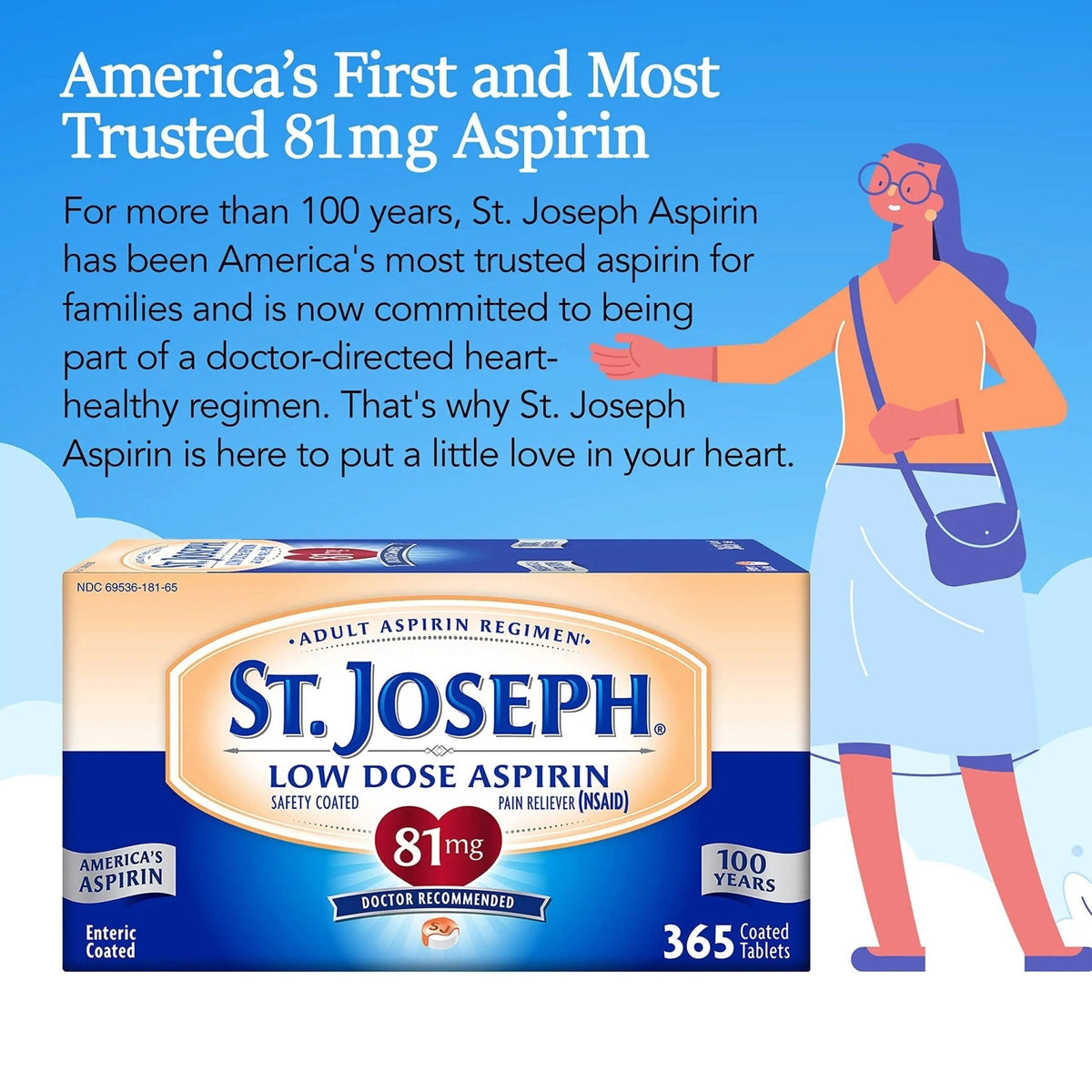 St. Joseph Aspirin Pain Reliever (NSAID) 81mg, Enteric Safety Coated, Adult Low Dose Aspirin, 365 ct - PrimeBioHealth - canada supplements