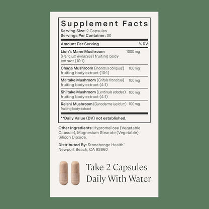 Stonehenge Health Dynamic Mushrooms 1,400 mg Per Serving, 5 Mushroom Complex (Lion’s Mane, Reishi, Chaga, Maitake, Shiitake) 100% Fruiting Bodies, No Mycelium – Brain, Memory & Immune Support 60 Caps - PrimeBioHealth - canada supplements