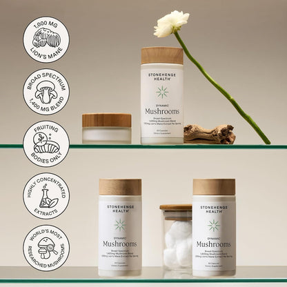 Stonehenge Health Dynamic Mushrooms 1,400 mg Per Serving, 5 Mushroom Complex (Lion’s Mane, Reishi, Chaga, Maitake, Shiitake) 100% Fruiting Bodies, No Mycelium – Brain, Memory & Immune Support 60 Caps - PrimeBioHealth - canada supplements