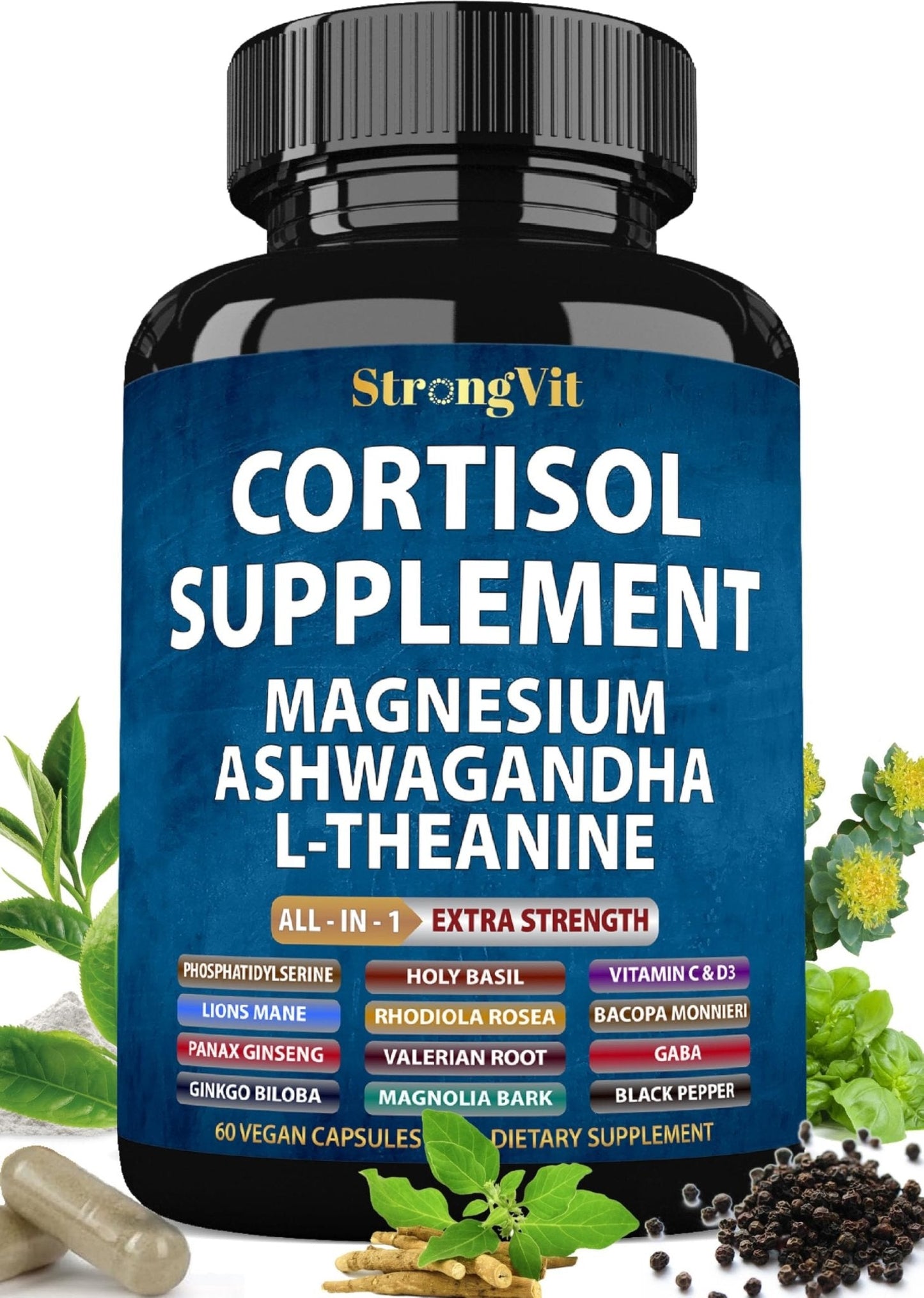 StrongVit Cortisol Supplements for Women and Men with Magnesium, Ashwagandha & L-Theanine. High Cortisol Reducer, Manager, Detox, - PrimeBioHealth - canada supplements