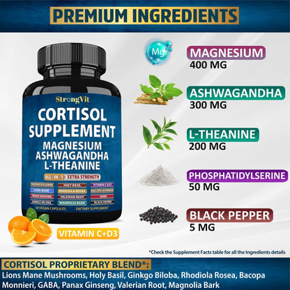 StrongVit Cortisol Supplements for Women and Men with Magnesium, Ashwagandha & L-Theanine. High Cortisol Reducer, Manager, Detox, - PrimeBioHealth - canada supplements