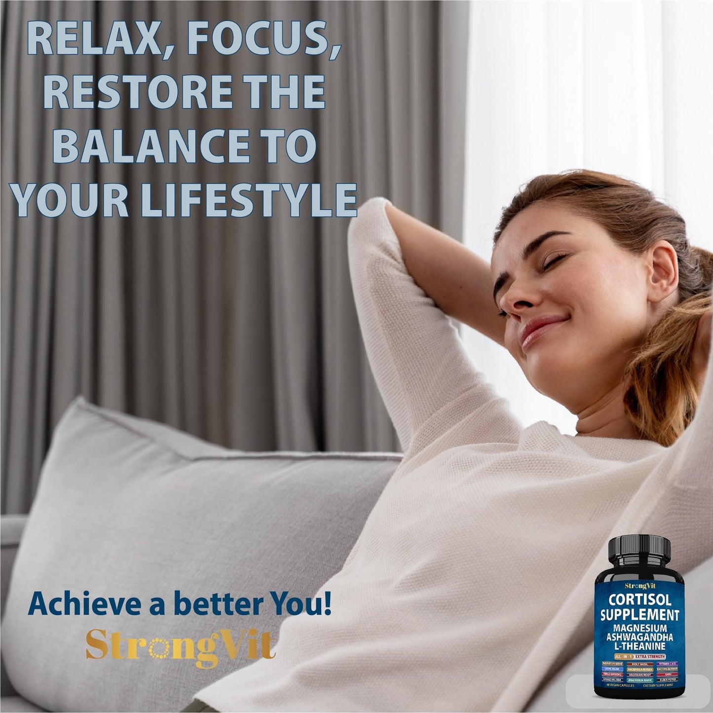 StrongVit Cortisol Supplements for Women and Men with Magnesium, Ashwagandha & L-Theanine. High Cortisol Reducer, Manager, Detox, - PrimeBioHealth - canada supplements