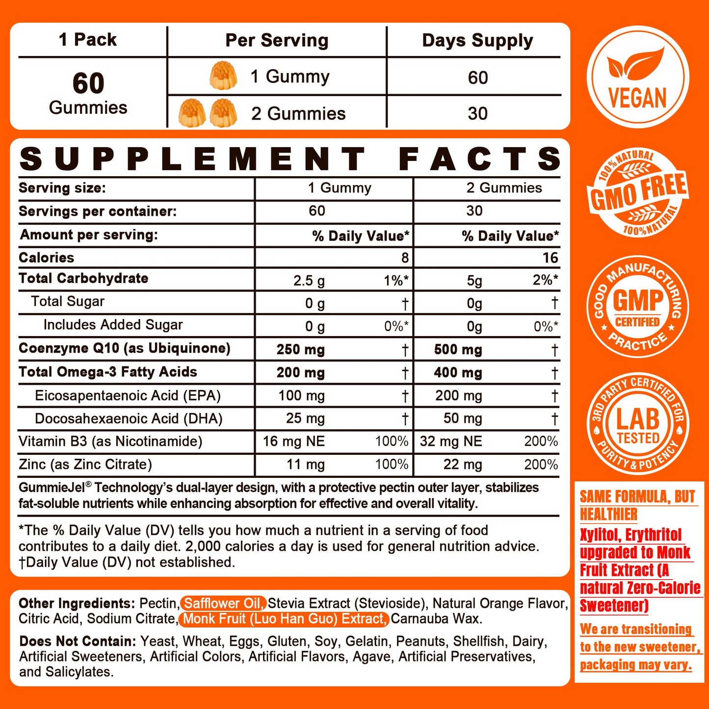 Sugar-Free CoQ10-250mg / 500mg Filled Gummies - Plus Omega-3, EPA + DHA, B3 & Zinc - Ultra Co Q-10 Supplements for Hear-t Health, Cellular Energy, Antioxidant Support, Up to 60 Day Supply, Vegan 60Cts - PrimeBioHealth - canada supplements