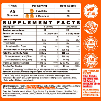 Sugar-Free CoQ10-250mg / 500mg Filled Gummies - Plus Omega-3, EPA + DHA, B3 & Zinc - Ultra Co Q-10 Supplements for Hear-t Health, Cellular Energy, Antioxidant Support, Up to 60 Day Supply, Vegan 60Cts - PrimeBioHealth - canada supplements