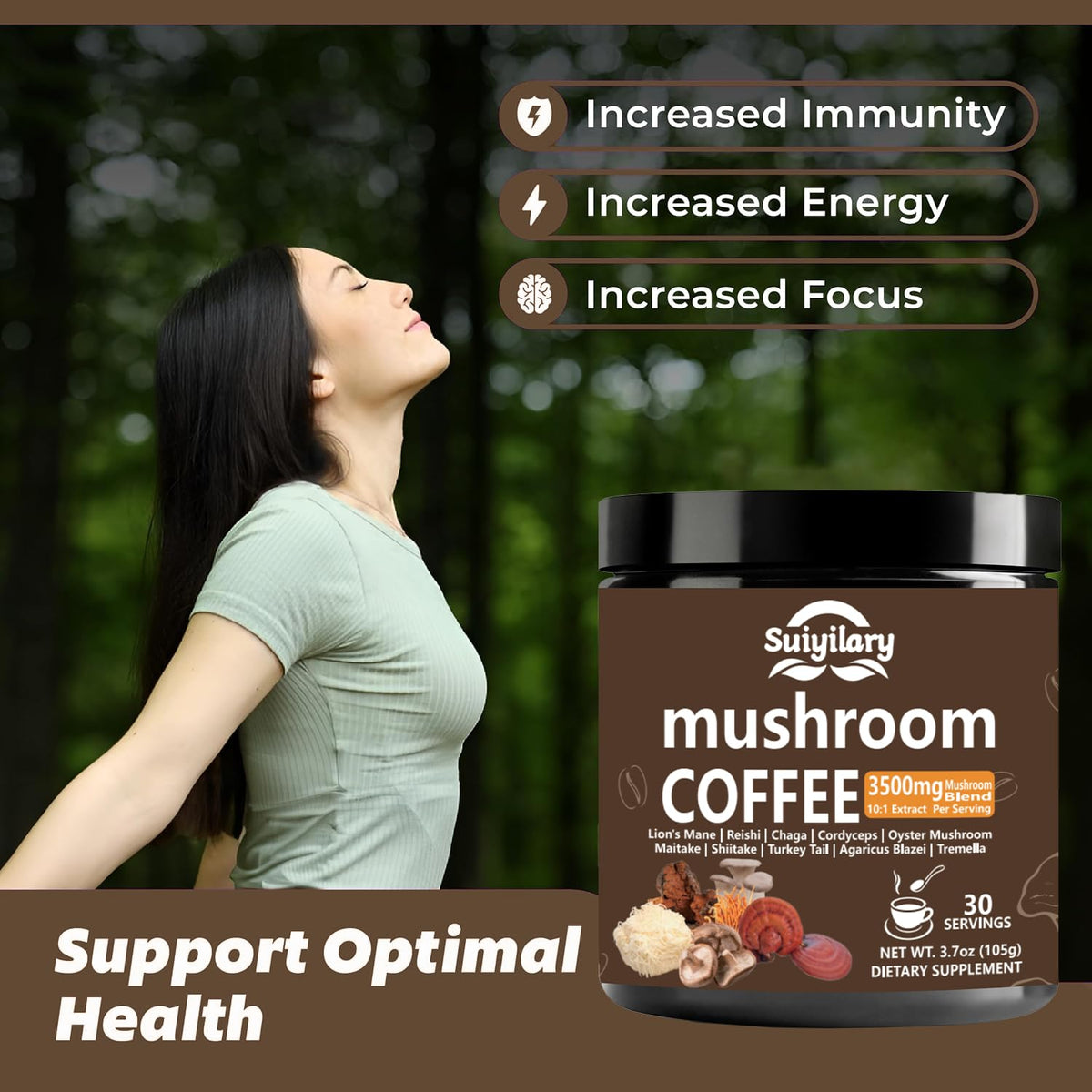 Suiyilary 10 Mushroom Coffee with Arabica w, Lion's Mane, Reishi, Mushroom Polysaccharides & More, Instant Mushrooms Powder for Focus, Immunity Boost, - PrimeBioHealth - canada supplements